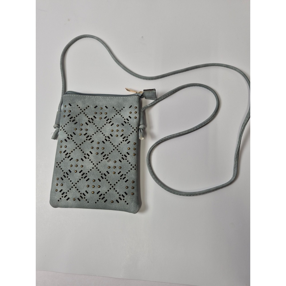 Stay Beautiful Laser Cut Studded Crossbody Phone Bag Blue Faux Suede‎ boho